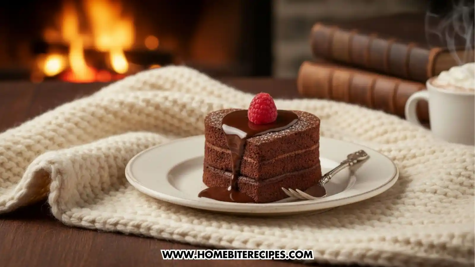 A heart-shaped chocolate cake sitting on a white plate atop a thick, cream-colored knitted blanket. In the blurred background, a warm fire glows in a fireplace next to a stack of vintage books and a mug of hot cocoa. Chocolate sauce drips down the side of the cake, which is garnished with a fresh raspberry.