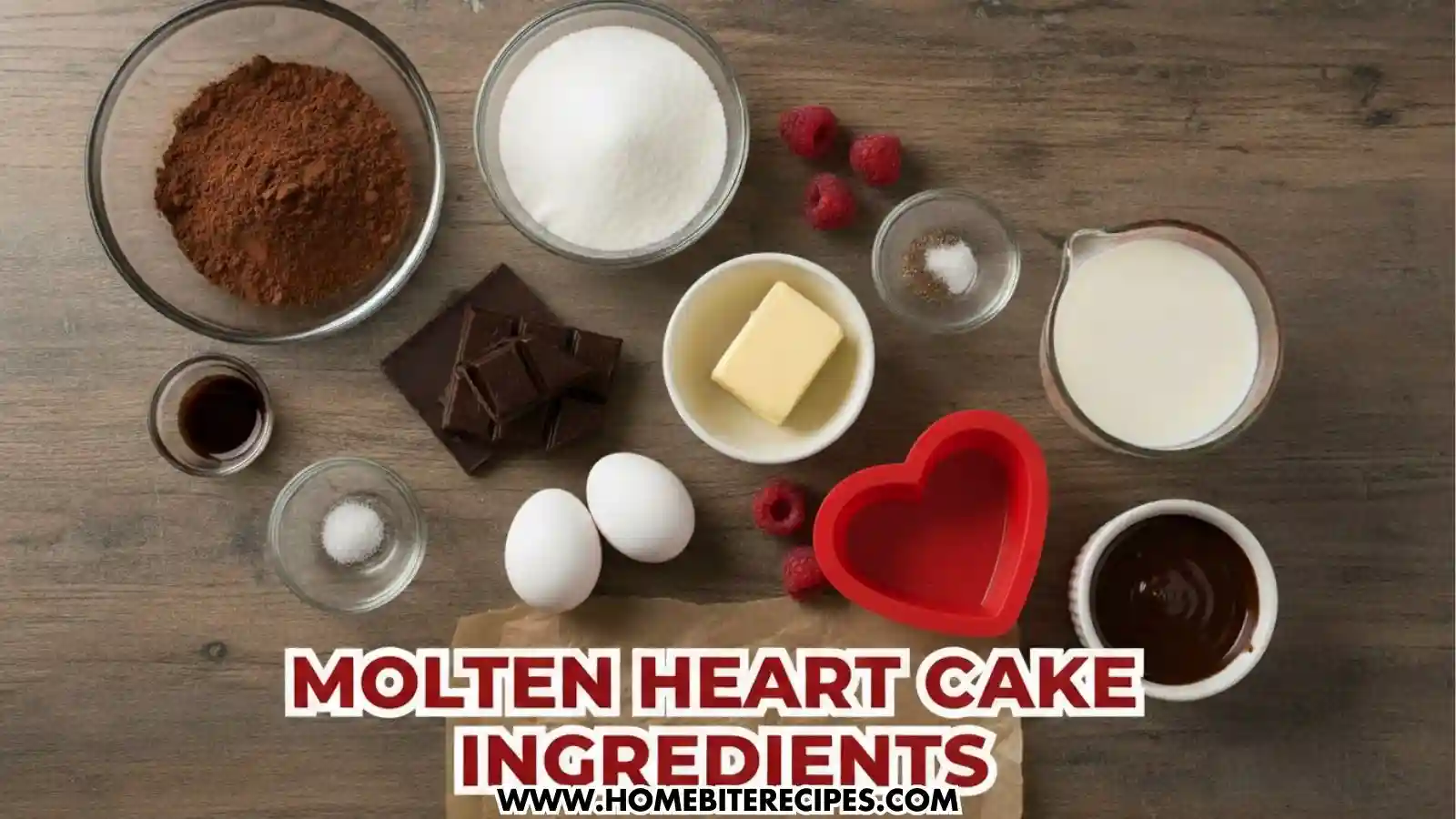 An overhead view of baking ingredients arranged on a wooden surface. The items include bowls of cocoa powder, white sugar, and flour, along with dark chocolate squares, a block of butter, two white eggs, a small jar of vanilla extract, fresh raspberries, a cup of milk, and a red heart-shaped silicone baking mold.