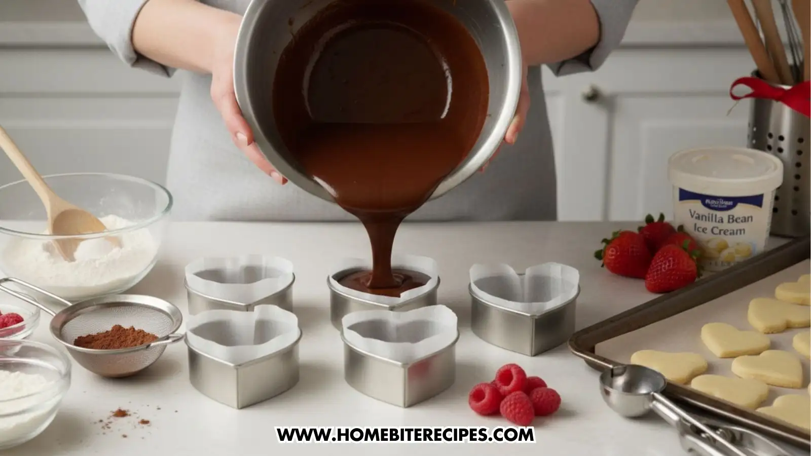 A person pouring smooth, dark chocolate cake batter from a metal bowl into several heart-shaped baking tins lined with parchment paper. The counter is covered with flour, a sifter with cocoa powder, fresh raspberries, strawberries, and a container of vanilla bean ice cream.
