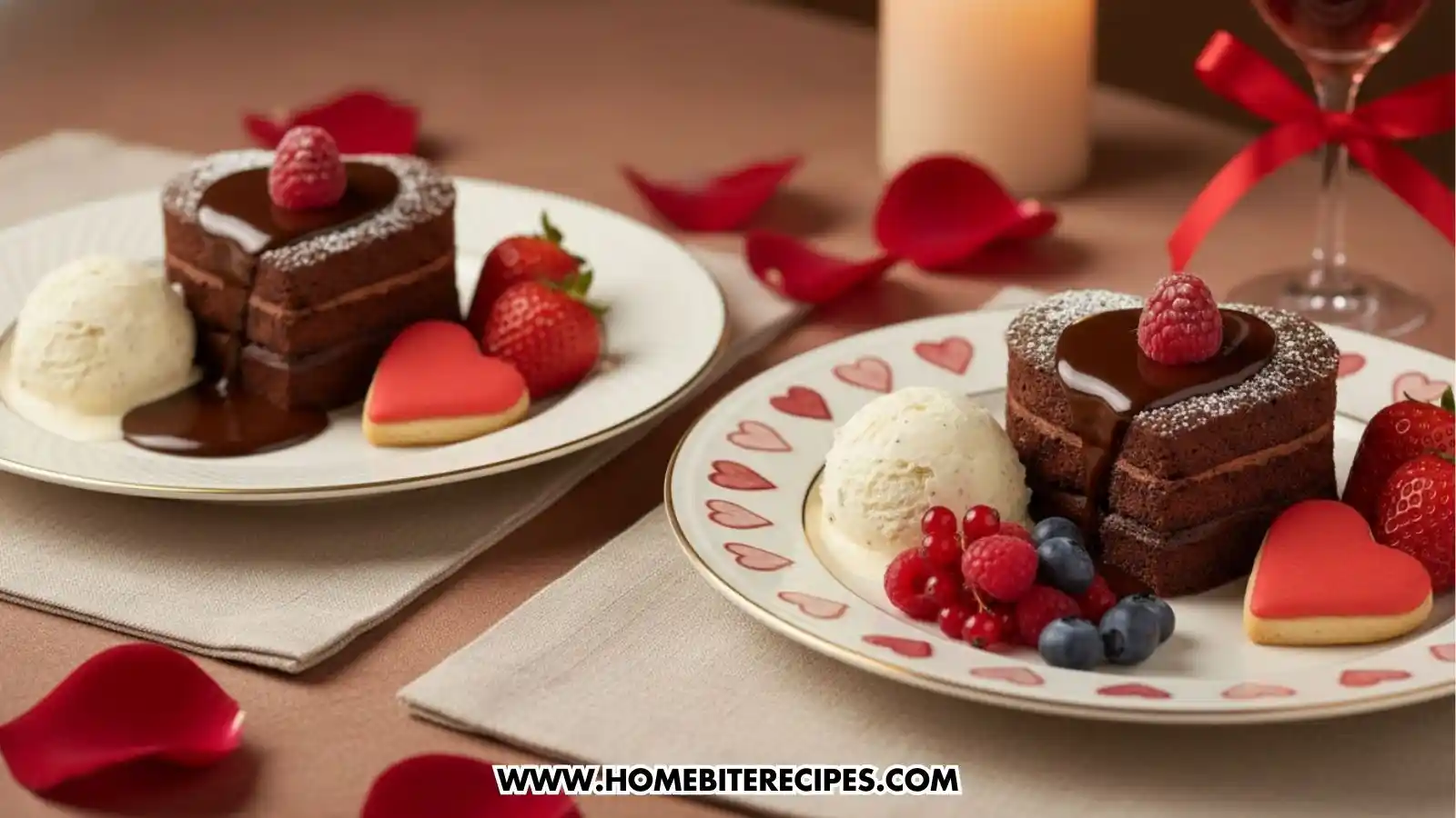 Two elegantly plated heart-shaped molten chocolate cakes served on a table decorated with red rose petals. Each plate features a lava cake with chocolate sauce and a raspberry, a scoop of vanilla ice cream, and a red heart cookie. One plate also includes a side of mixed blueberries and red currants.