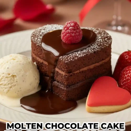 Heart-shaped molten chocolate cake with warm chocolate sauce, topped with a raspberry and served with vanilla ice cream and strawberries.