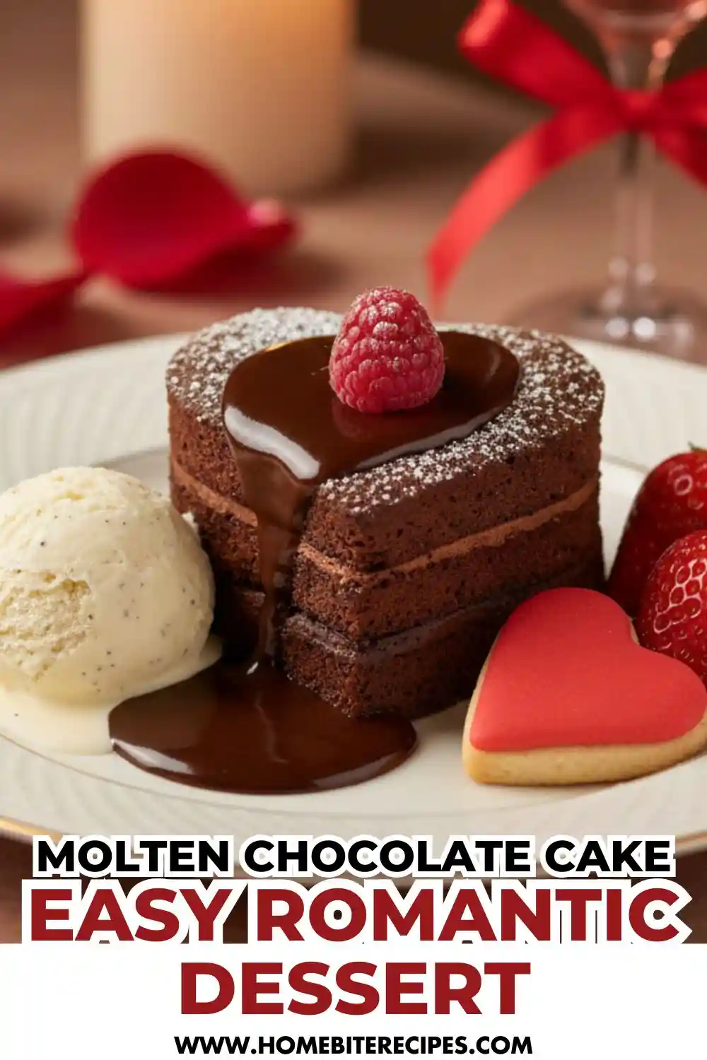Heart-shaped molten chocolate cake with warm chocolate sauce, topped with a raspberry and served with vanilla ice cream and strawberries.