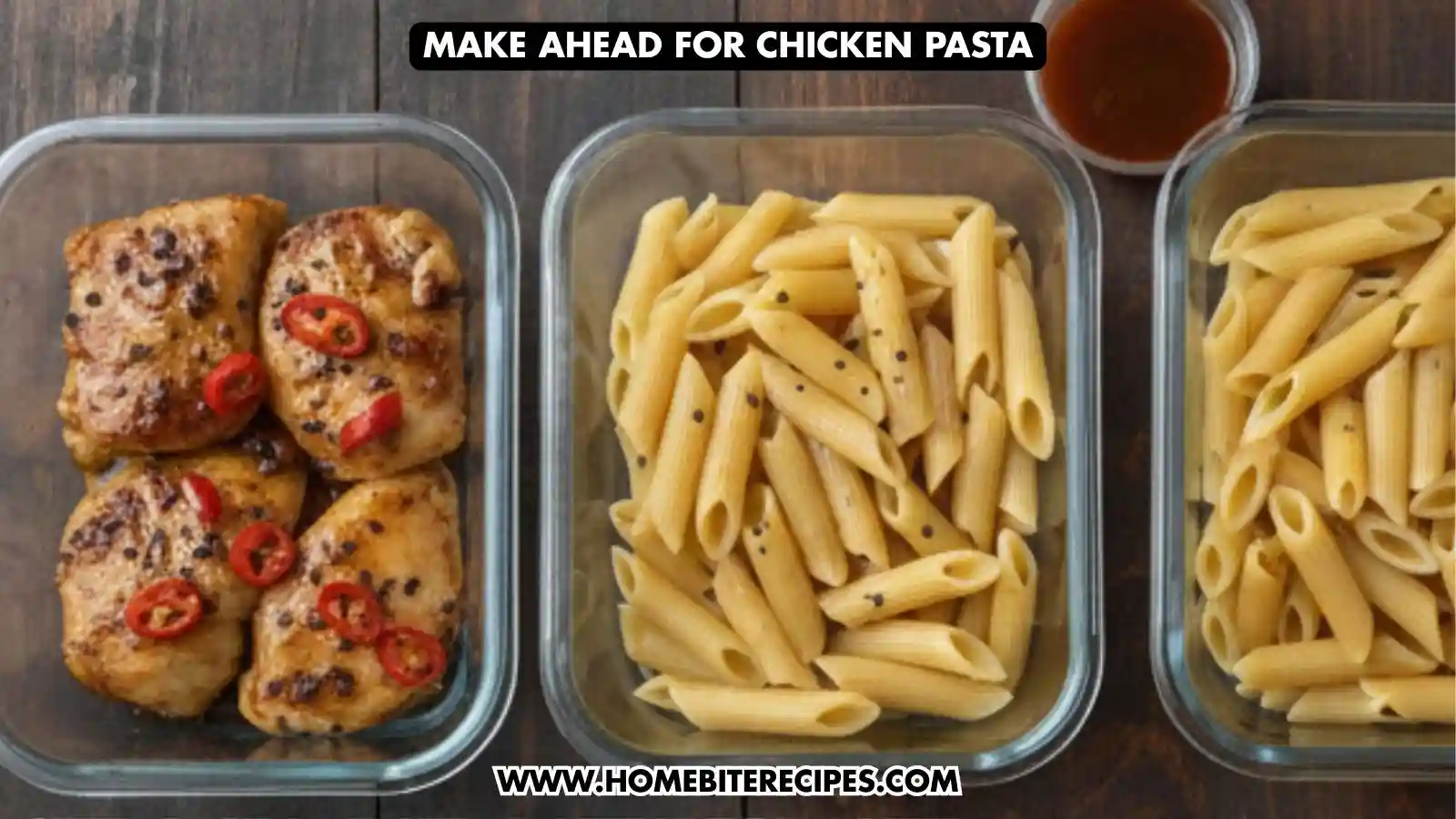 Three glass meal prep containers arranged in a row. The left container holds glazed chicken pieces with red chili slices; the center and right containers are filled with cooked penne pasta. A small container of dipping sauce is visible in the background.