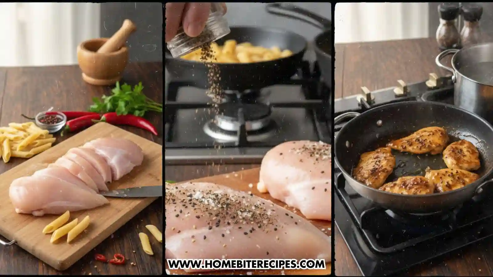A three-panel collage focusing on the chicken prep: the first panel shows the raw chicken on a cutting board; the second shows black pepper being generously seasoned over the raw meat; the third shows the seasoned chicken browning in a skillet next to a pot of boiling water.
