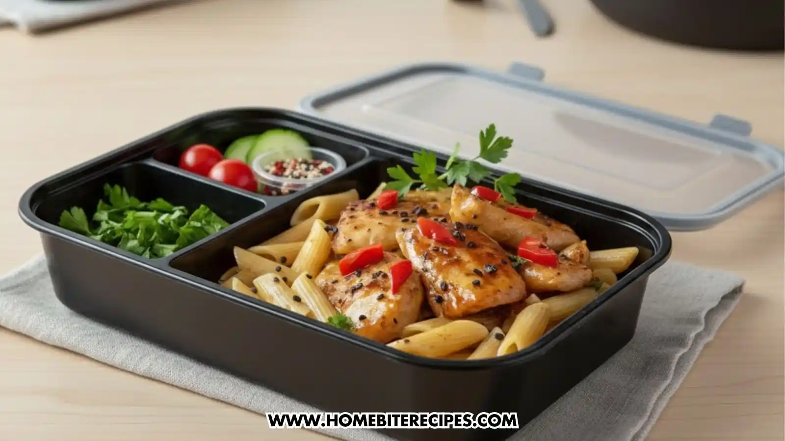 A black multi-compartment meal prep lunch box. The large section contains penne pasta and honey pepper chicken. Two smaller compartments hold fresh parsley and a side of cherry tomatoes and cucumber slices with a small cup of seasoning.