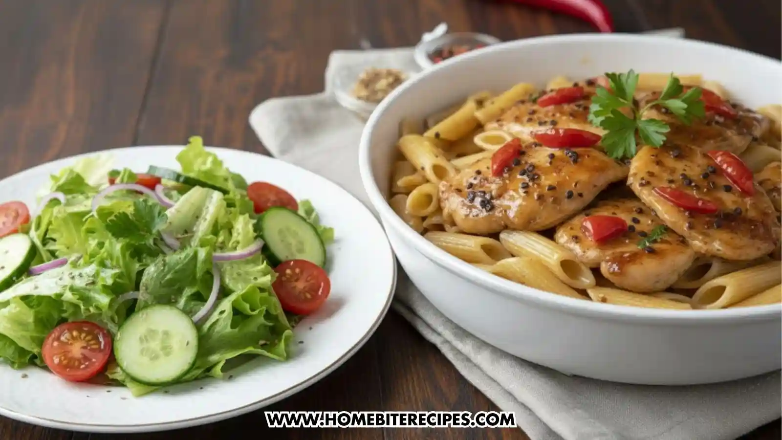 A white bowl filled with Honey Pepper Chicken with Pasta, garnished with sliced red chilies and fresh parsley. To the left, a side salad with leafy greens, cucumber slices, cherry tomatoes, and red onions sits on a white plate.