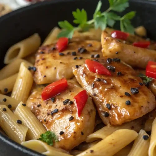 Honey pepper chicken breasts glazed with sweet honey sauce and cracked black pepper, served with penne pasta in a black skillet, garnished with parsley and red chili slices.