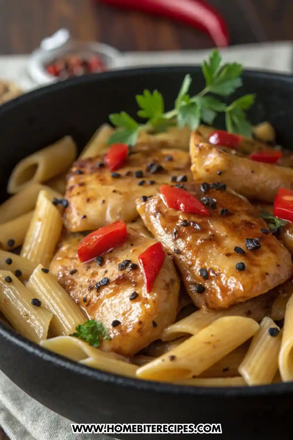 Honey pepper chicken breasts glazed with sweet honey sauce and cracked black pepper, served with penne pasta in a black skillet, garnished with parsley and red chili slices.
