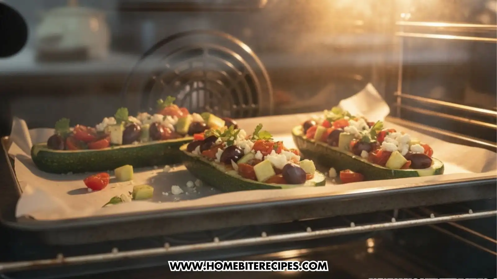 A vertical close-up shot of fresh Mediterranean stuffed zucchini boats. The vibrant filling includes halved cherry tomatoes, dark Kalamata olives, diced cucumber, and crumbled white feta cheese, all garnished with a fresh sprig of flat-leaf parsley.