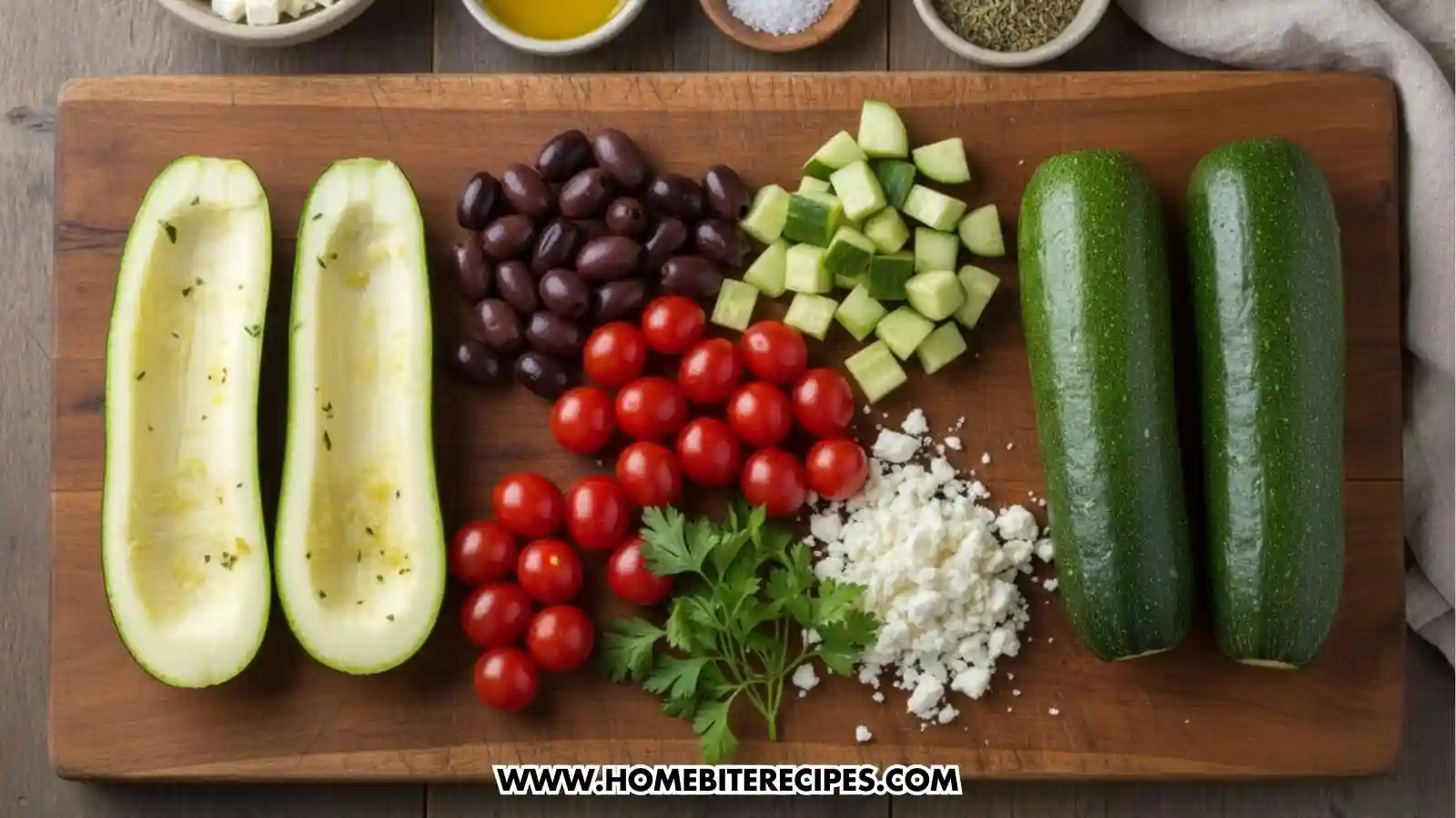 A wooden cutting board displaying fresh ingredients for zucchini boats: two hollowed-out zucchini halves, whole Kalamata olives, cherry tomatoes, diced zucchini, crumbled feta cheese, and a sprig of fresh parsley. Small bowls of olive oil, salt, and dried herbs sit in the background.