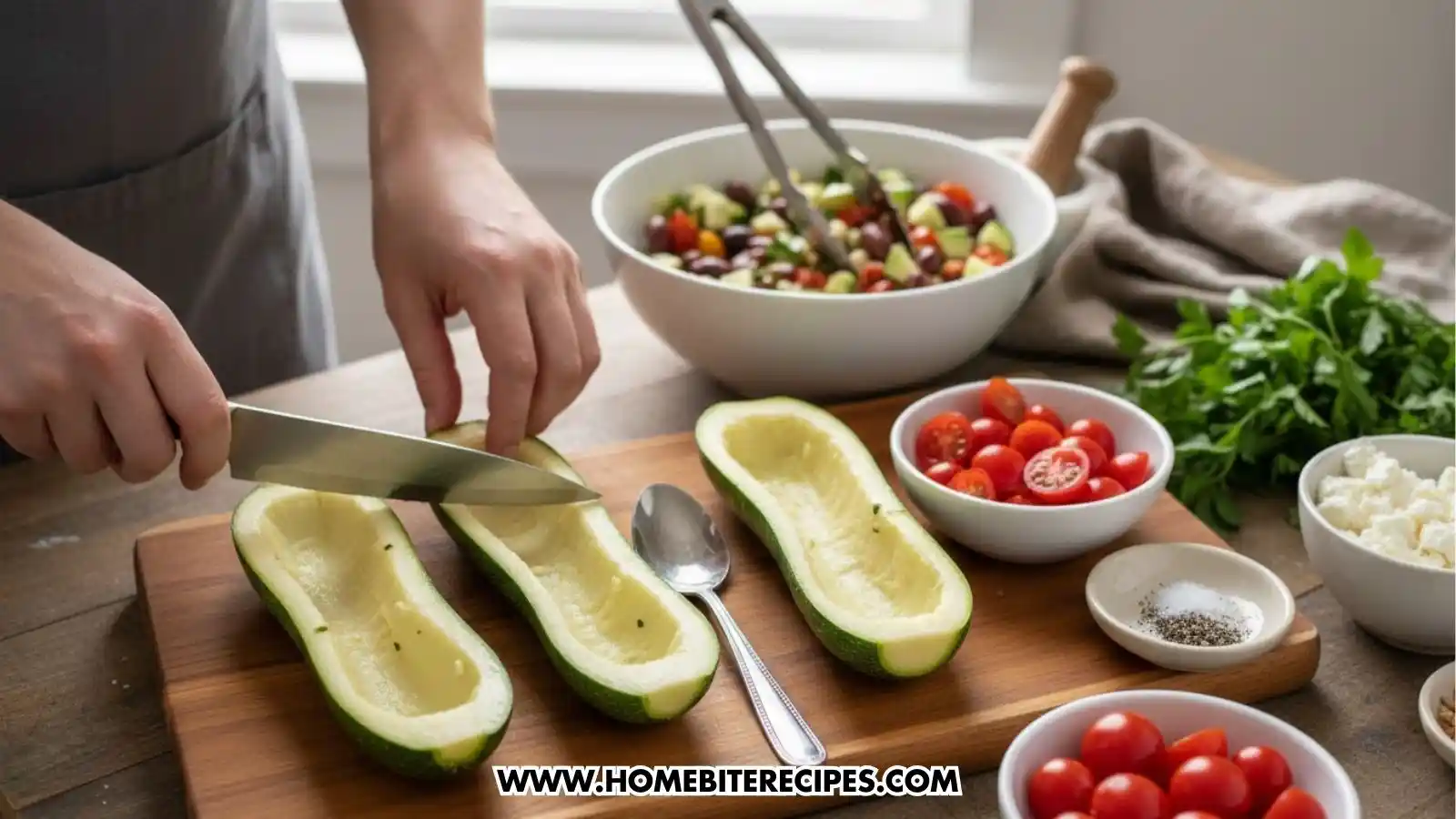 A person using a chef's knife to trim the edges of hollowed-out zucchini halves on a wooden board. In the background, a large white bowl contains a mixed salad of tomatoes, olives, and cucumbers, while smaller bowls of salt, pepper, and feta sit nearby.