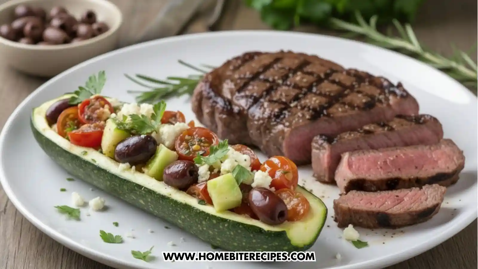 A white dinner plate featuring a Mediterranean stuffed zucchini boat filled with tomatoes, olives, and feta, garnished with parsley. Beside the zucchini is a juicy, grilled ribeye steak sliced to show a medium-pink center, garnished with a rosemary sprig.