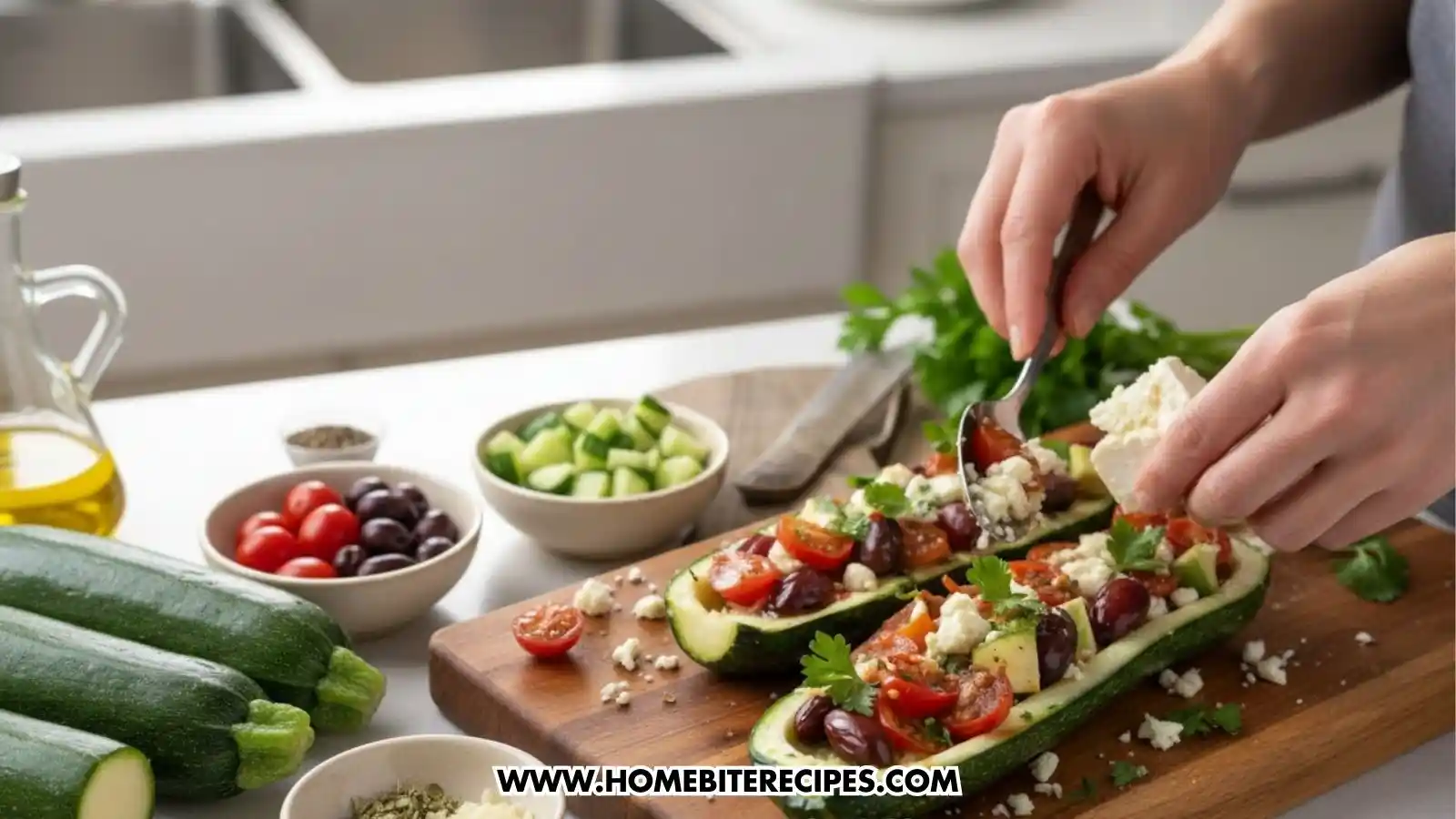 A person using a spoon to fill hollowed-out zucchini boats with a mixture of crumbled feta, olives, and tomatoes. The scene is set in a bright kitchen with fresh zucchini, cherry tomatoes, and bowls of herbs visible on the countertop.