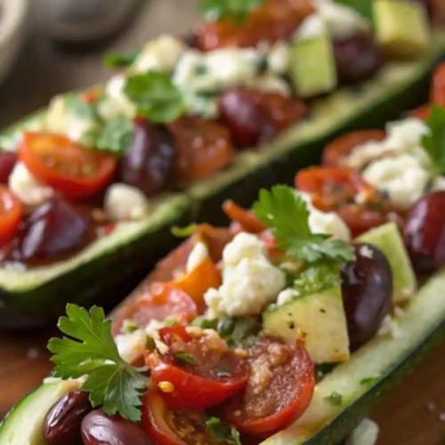 A vertical, close-up shot of two Mediterranean zucchini boats. The focus is on the vibrant colors of the red cherry tomatoes, dark purple Kalamata olives, white feta crumbles, and green parsley garnish against the bright green zucchini shell.
