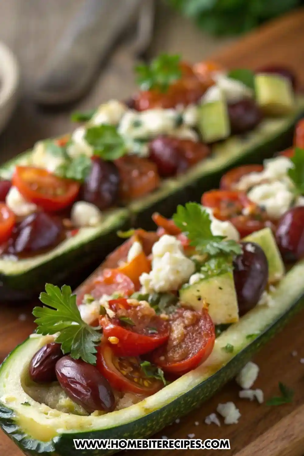 A vertical, close-up shot of two Mediterranean zucchini boats. The focus is on the vibrant colors of the red cherry tomatoes, dark purple Kalamata olives, white feta crumbles, and green parsley garnish against the bright green zucchini shell.