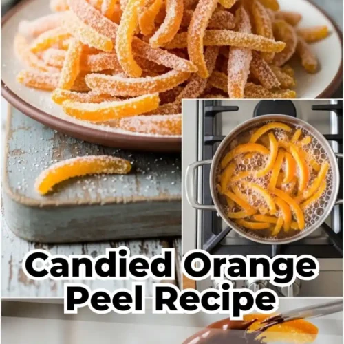 A pile of sugar-coated orange peels on a plate, with inset photos showing them boiling in syrup and being dipped in melted chocolate.