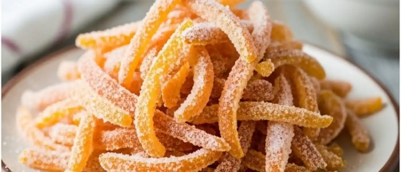 A pile of sugar-coated orange peels on a plate