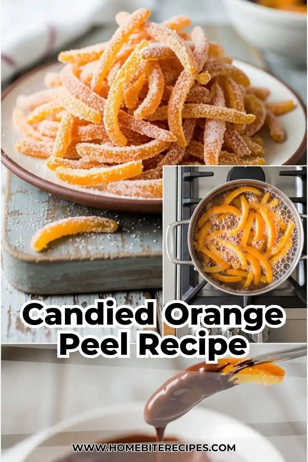 A pile of sugar-coated candied orange peels on a plate, with inset photos showing them boiling in syrup and being dipped in melted chocolate.