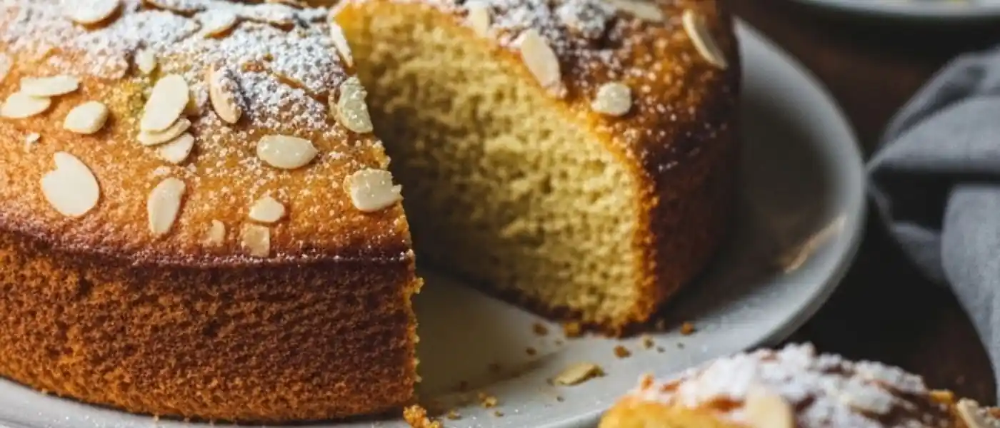 A close up golden, single-layer cardamom spice cake dusted with powdered sugar and almond flakes