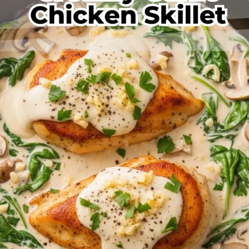 One-pan creamy garlic chicken with spinach and mushrooms in a cast-iron skillet, smothered in a white parmesan cream sauce.