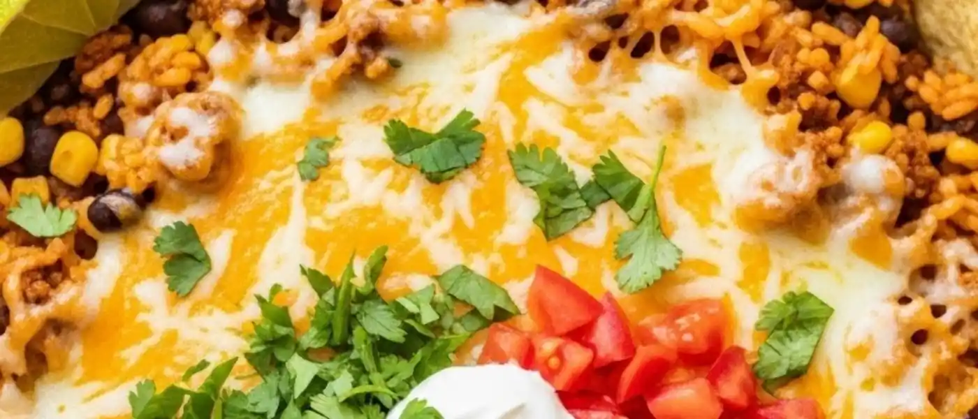 One-pan beef taco rice skillet with melted cheese, black beans, and corn, topped with sour cream, tomatoes, and cilantro.