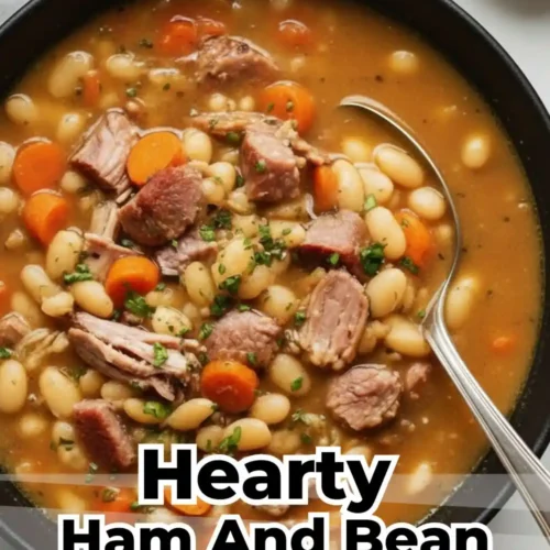 Close-up of a bowl filled with thick ham and bean soup, featuring white beans, ham pieces, and carrots garnished with parsley.