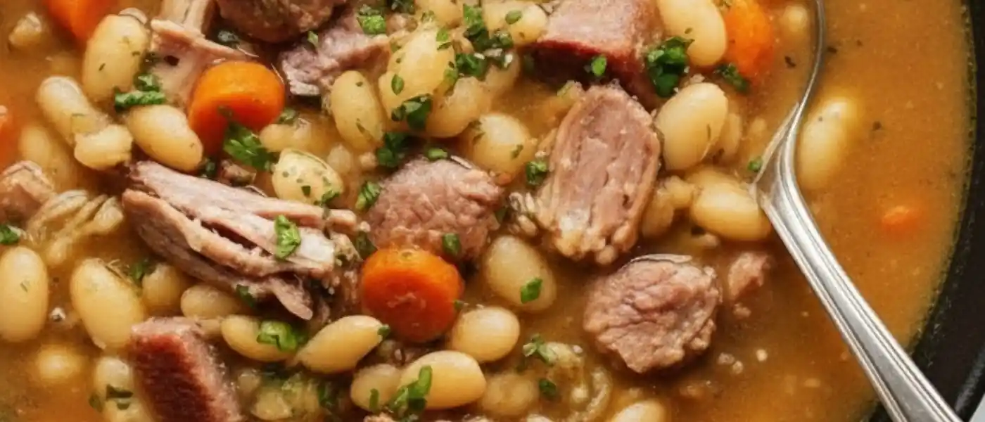 Close-up of a bowl filled with thick ham and bean soup, featuring white beans, ham pieces, and carrots garnished with parsley.