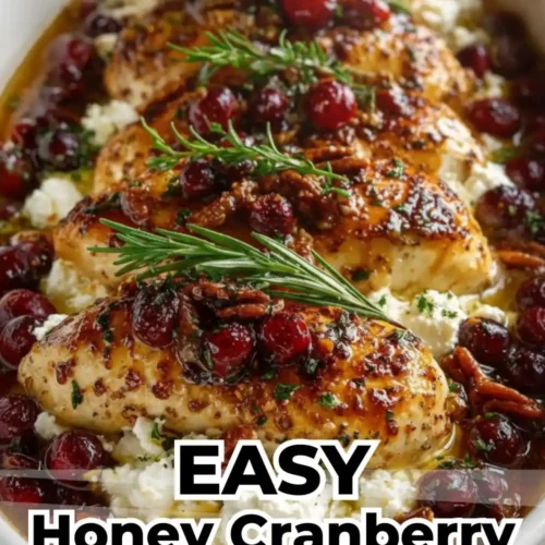 A vertical top-down shot of a white baking dish containing honey-glazed chicken breasts, whole roasted cranberries, pecans, and dollops of white ricotta cheese, garnished with fresh rosemary