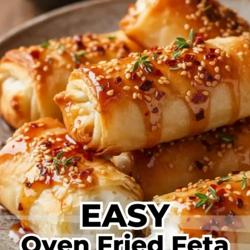 Close-up of golden, crispy oven-fried feta rolls glazed with red chili honey, topped with sesame seeds and fresh thyme.
