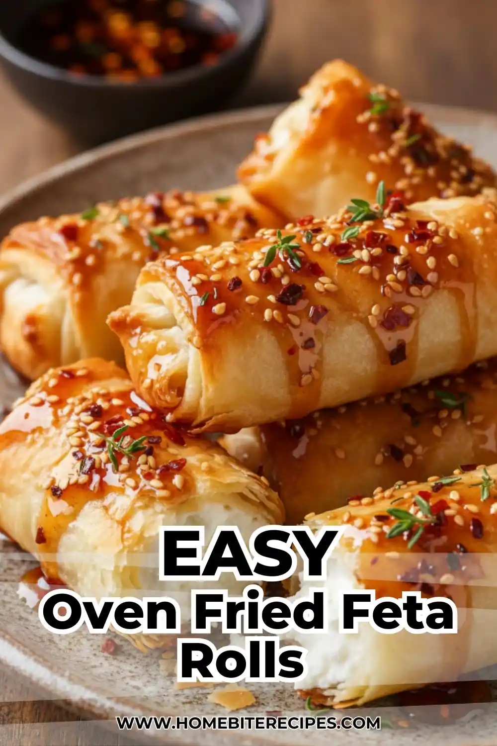 Close-up of golden, crispy oven-fried feta rolls glazed with red chili honey, topped with sesame seeds and fresh thyme.