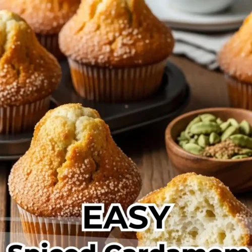 Close-up of golden-brown spiced cardamom muffins with sugary tops on a rustic wooden table next to a cup of coffee and cardamom pods.