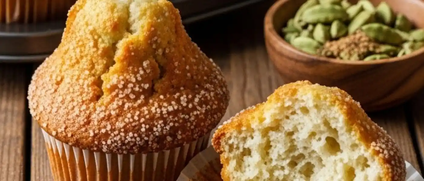 Close-up of golden-brown spiced cardamom muffins with sugary tops on a rustic wooden table.