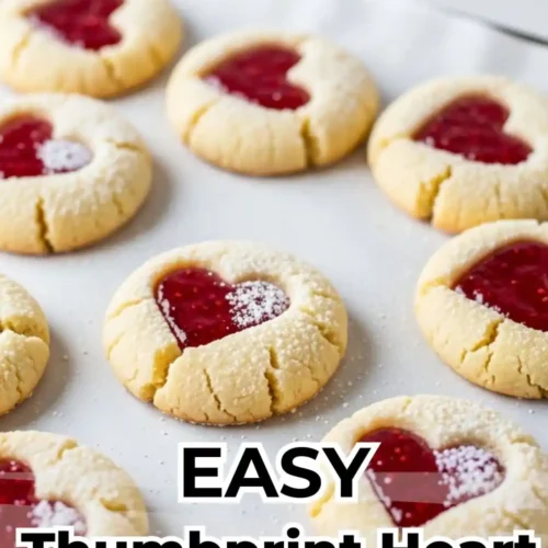 Thumbprint Heart Cookies filled with bright red raspberry jam and dusted with powdered sugar, arranged on white parchment paper.