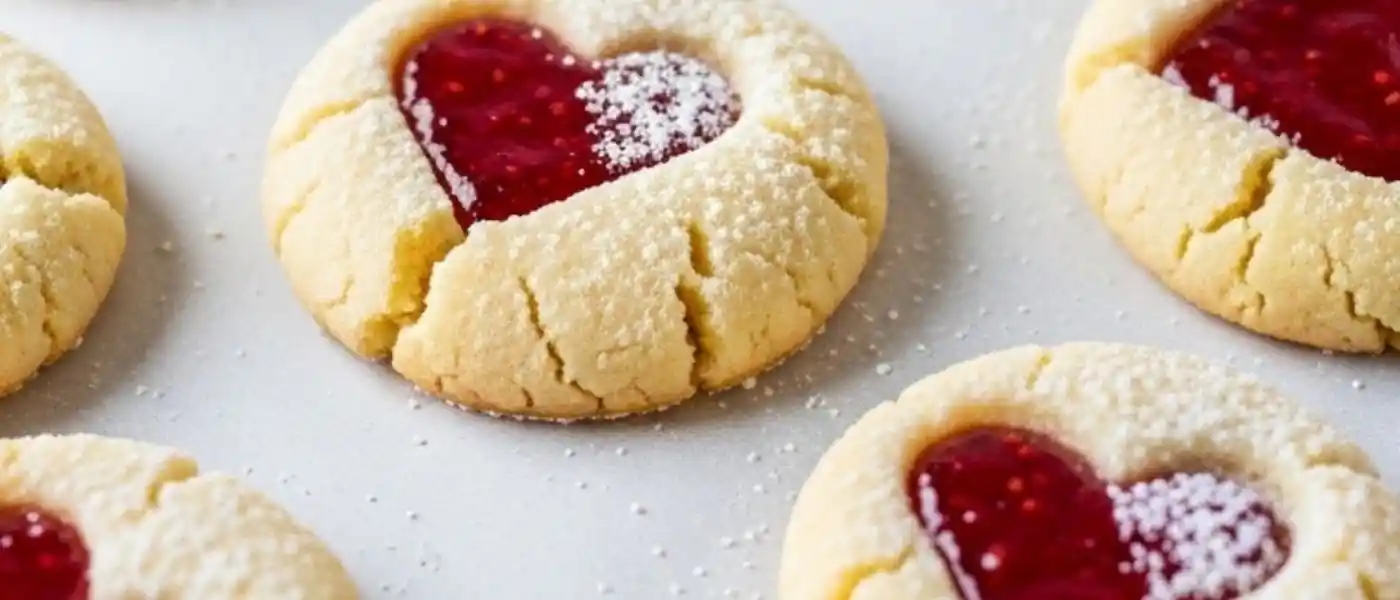 Heart-shaped thumbprint cookies filled with bright red raspberry jam and dusted with powdered sugar