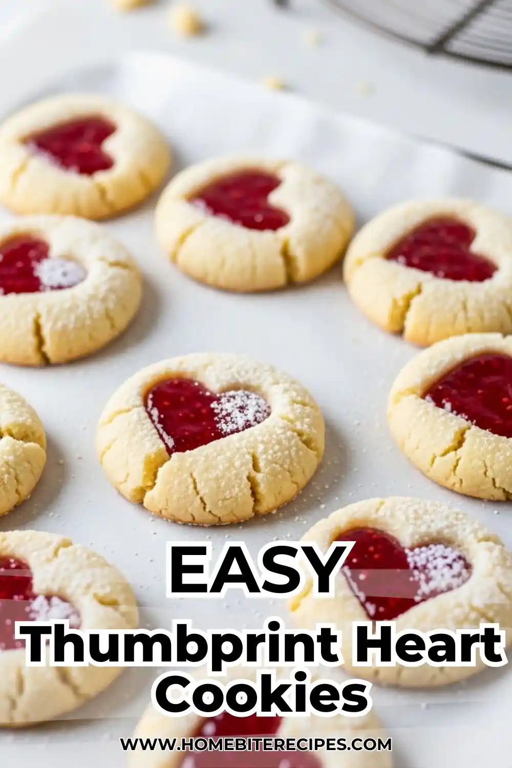 Thumbprint Heart Cookies filled with bright red raspberry jam and dusted with powdered sugar, arranged on white parchment paper.