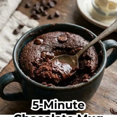 Close-up of a 5-Minute Chocolate Mug Cake in a ceramic mug, showing a gooey molten center on a spoon with whipped cream and a raspberry on top