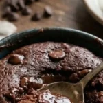 Close-up of a chocolate mug cake in a ceramic mug, showing a gooey molten center on a spoon with whipped cream and a raspberry on top