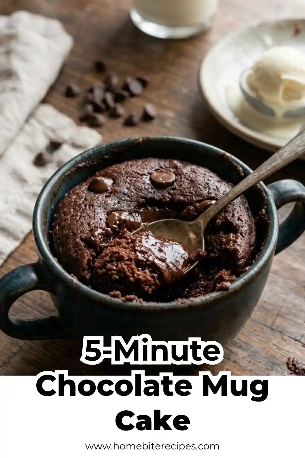 Close-up of a 5-Minute Chocolate Mug Cake in a ceramic mug, showing a gooey molten center on a spoon with whipped cream and a raspberry on top