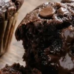 close up Easy Double Chocolate Chip Fudge Muffins