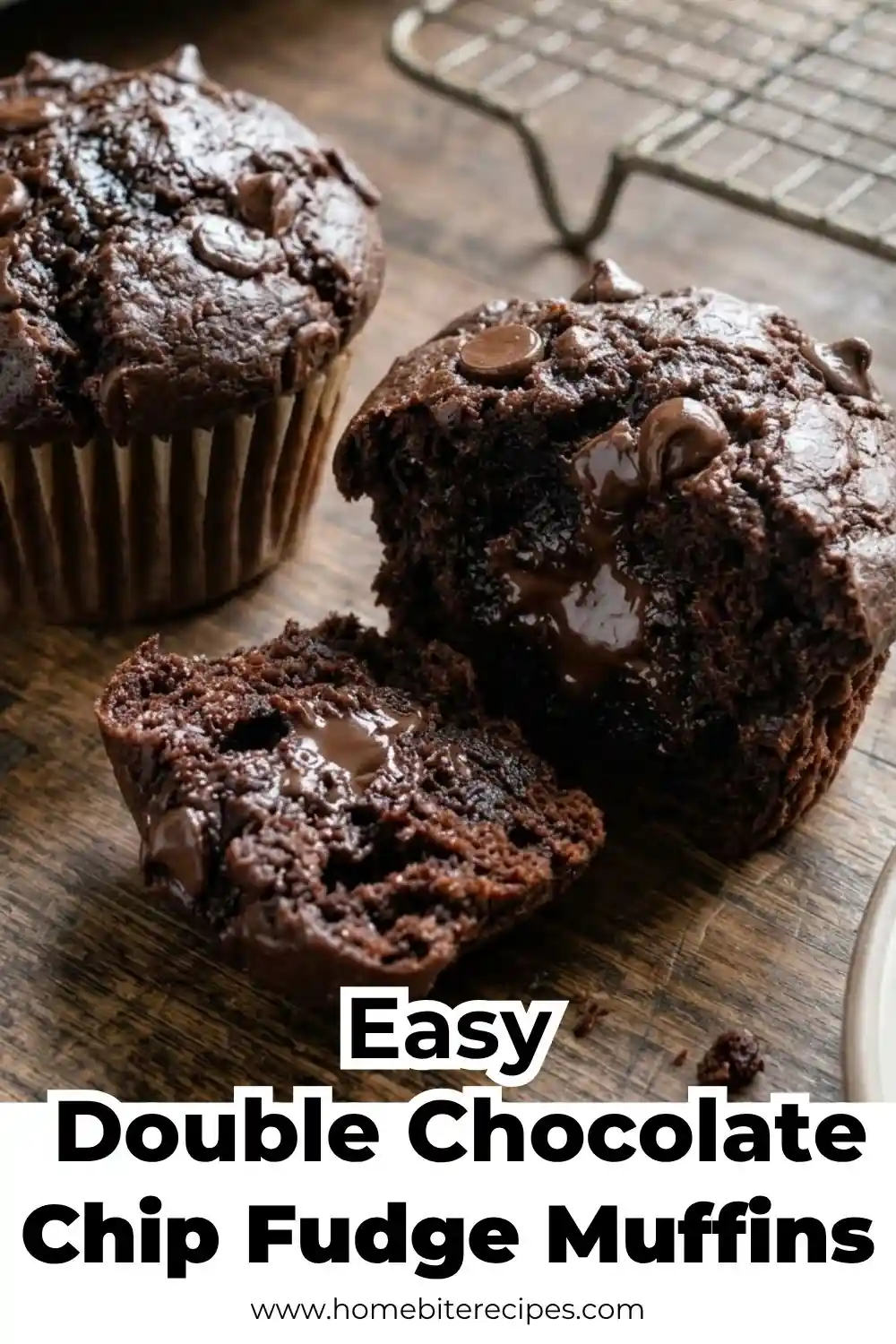 Close-up of dark chocolate fudge muffins with melty chocolate chips on top, showing a moist and fudgy interior