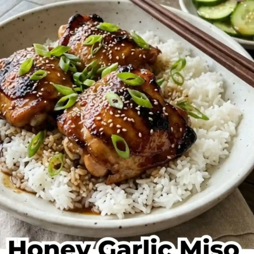 Succulent miso-glazed chicken thighs with charred edges, topped with sesame seeds and scallions in a skillet